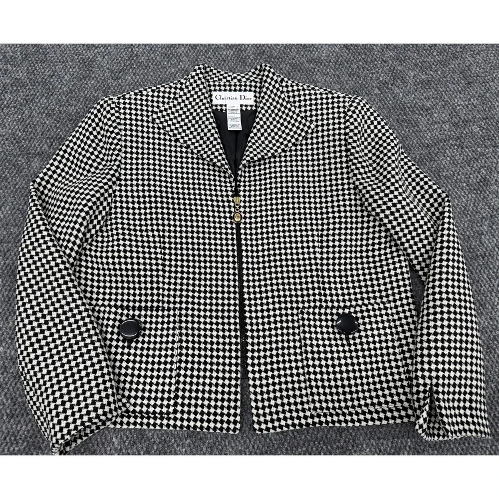 Vintage Christian Dior Women's 10P Crop Full Zip Houndstooth Jacket Blazer USA